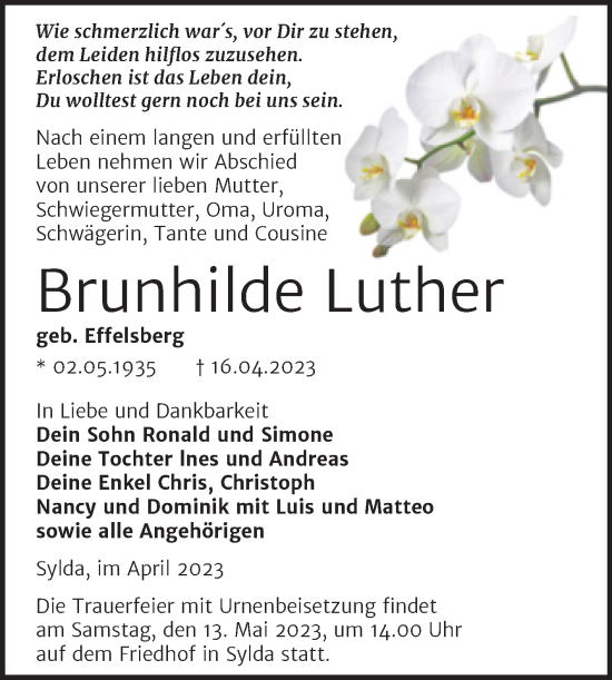 Traueranzeige von Brunhilde Luther von Trauerkombi Mansfelder Land