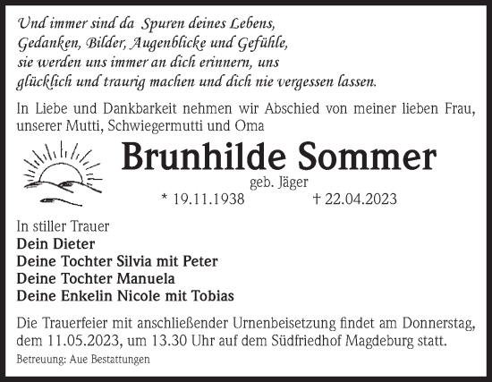 Traueranzeige von Brunhilde Sommer von Volksstimme Magdeburg