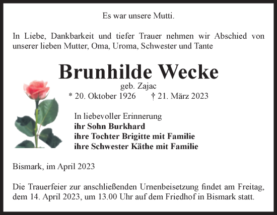 Traueranzeige von Brunhilde Wecke von Volksstimme Altmark Ost