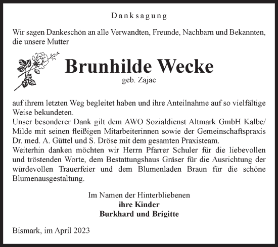 Traueranzeige von Brunhilde Wecke von Volksstimme Altmark Ost