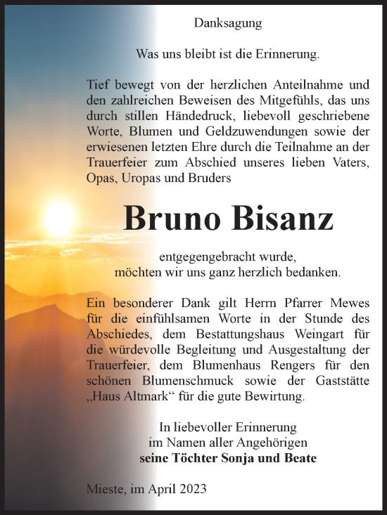 Traueranzeige von Bruno Bisanz von Volksstimme Altmark West