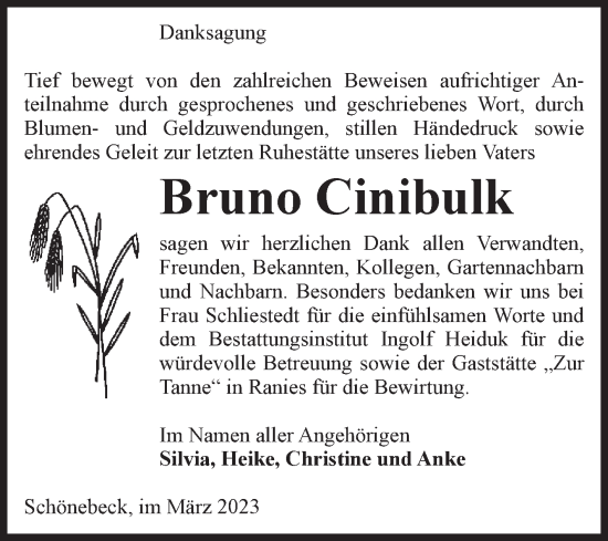 Traueranzeige von Bruno Cinibulk von Volksstimme Magdeburg