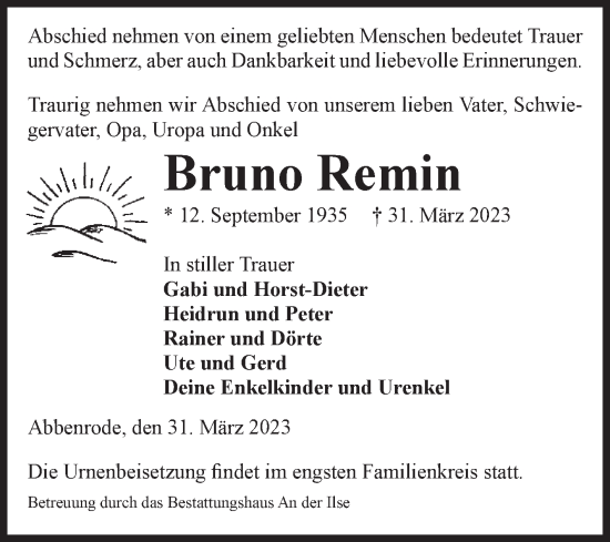 Traueranzeige von Bruno Remin von Volksstimme Wernigerode