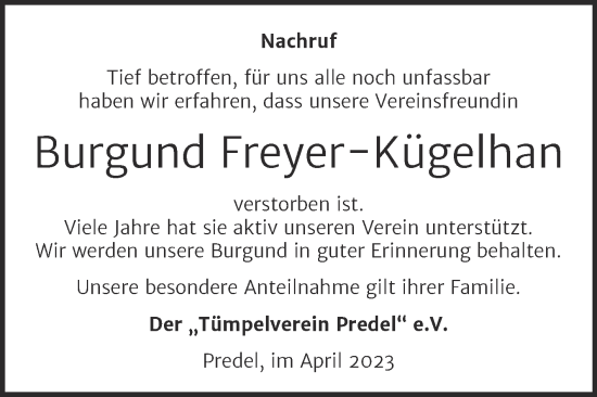 Traueranzeige von Burgund Freyer-Kügelhan von Trauerkombi Zeitz