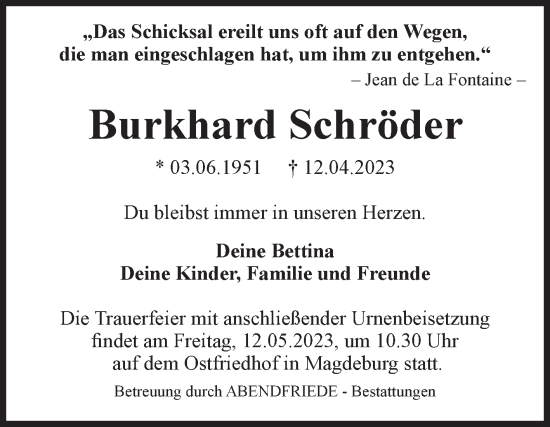 Traueranzeige von Burkhard Schröder von Volksstimme Magdeburg