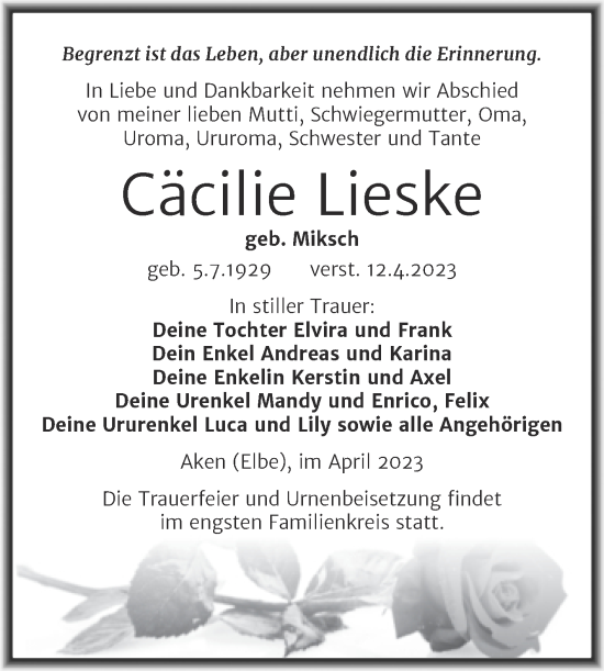 Traueranzeige von Cäcilie Lieske von Trauerkombi Köthen