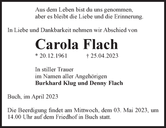 Traueranzeige von Carola Flach von Volksstimme Altmark Ost