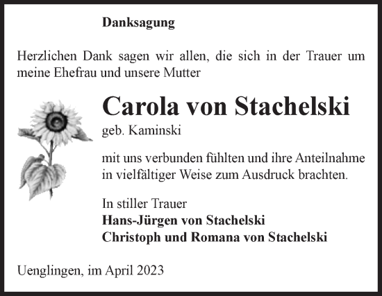 Traueranzeige von Carola von Stachelski von Volksstimme Altmark Ost