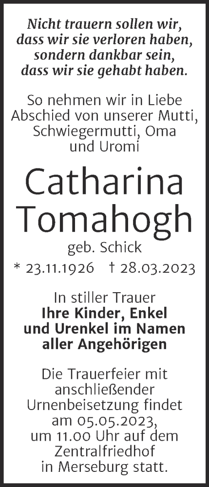 Traueranzeige von Catharina Tomahogh von Trauerkombi Merseburg