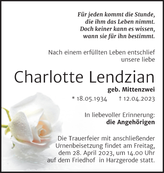 Traueranzeige von Charlotte Lendzian von Trauerkombi Quedlinburg