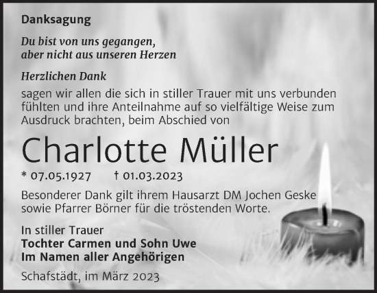 Traueranzeige von Charlotte Müller von Trauerkombi Merseburg