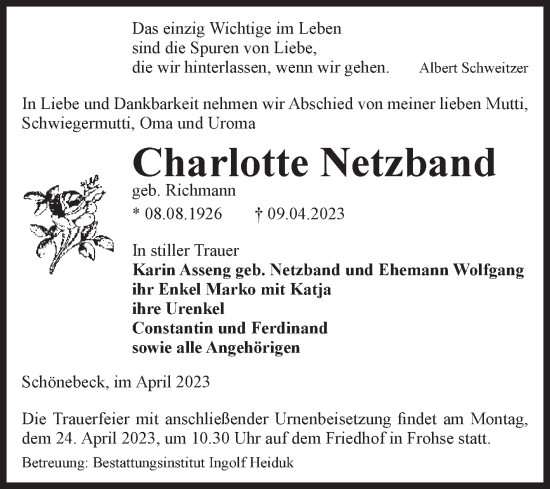 Traueranzeige von Charlotte Netzband von Volksstimme Schönebeck