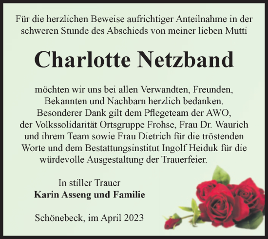 Traueranzeige von Charlotte Netzband von Volksstimme Schönebeck