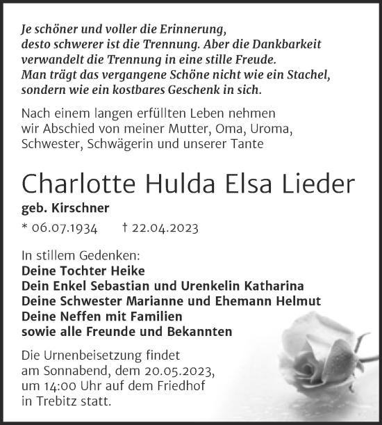 Traueranzeige von Charlotte Hulda Elsa Lieder von Trauerkombi Wittenberg
