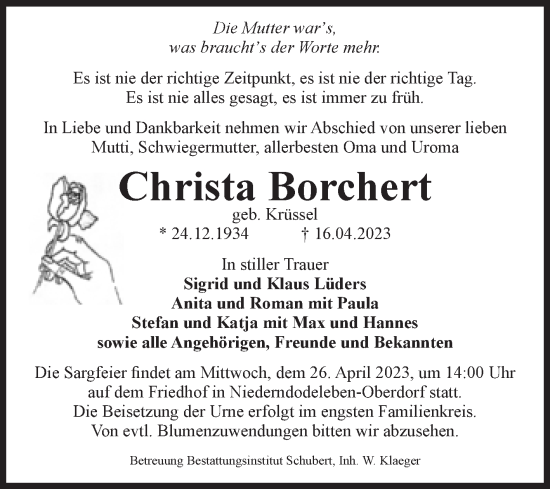 Traueranzeige von Christa Borchert von Volksstimme Haldensleben/Wolmirstedt