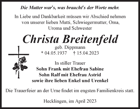 Traueranzeige von Christa Breitenfeld von Volksstimme Staßfurt