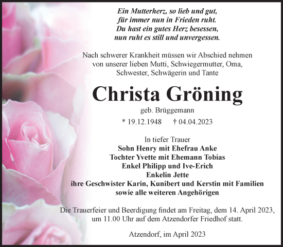 Traueranzeige von Christa Gröning von Volksstimme Staßfurt