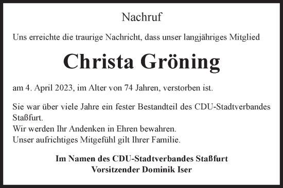 Traueranzeige von Christa Gröning von Volksstimme Staßfurt