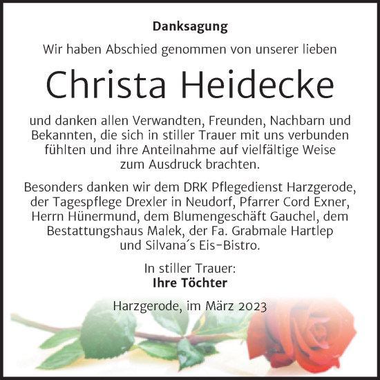 Traueranzeige von Christa Heidecke von Trauerkombi Quedlinburg