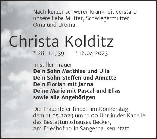 Traueranzeige von Christa Kolditz von Trauerkombi Sangerhausen