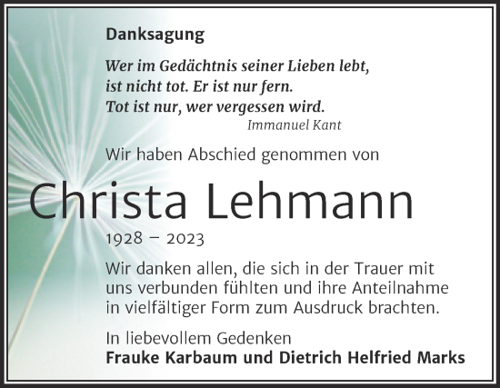 Traueranzeige von Christa Lehmann von Trauerkombi Mansfelder Land