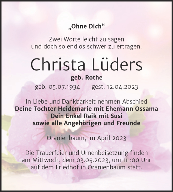 Traueranzeige von Christa Lüders von Trauerkombi Wittenberg