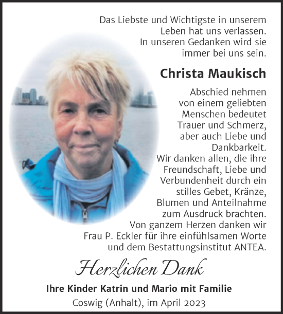 Traueranzeige von Christa Maukisch von Trauerkombi Wittenberg