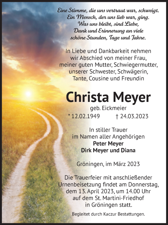 Traueranzeige von Christa Meyer von Volksstimme Oschersleben/Wanzleben
