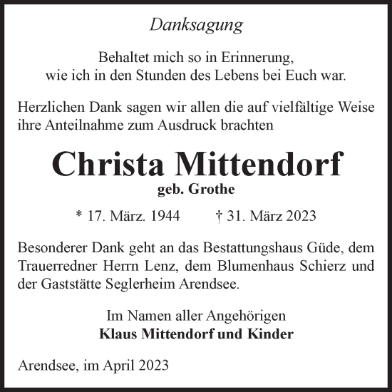 Traueranzeige von Christa Mittendorf von Volksstimme Altmark West