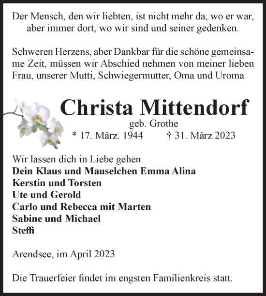 Traueranzeige von Christa Mittendorf von Volksstimme Altmark West