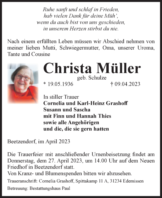 Traueranzeige von Christa Müller von Volksstimme Altmark West