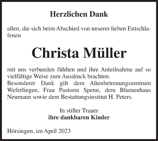 Traueranzeige von Christa Müller von Volksstimme Haldensleben/Wolmirstedt