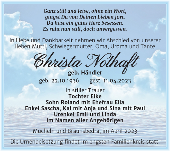 Traueranzeige von Christa Nothaft von Trauerkombi Merseburg