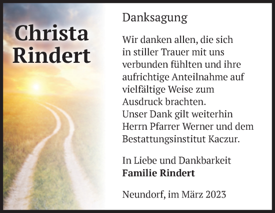 Traueranzeige von Christa Rindert von Volksstimme Staßfurt