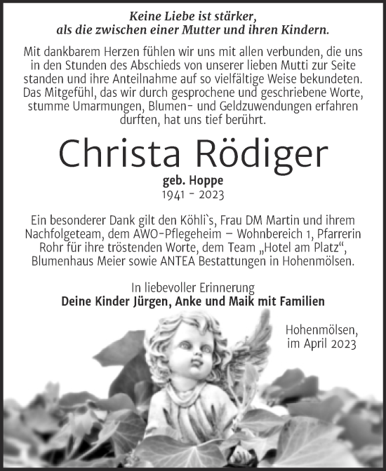 Traueranzeige von Christa Rödiger von Trauerkombi Weißenfels