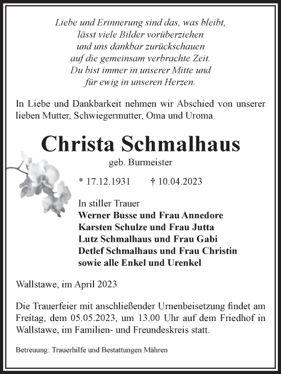 Traueranzeige von Christa Schmalhaus von Volksstimme Altmark West