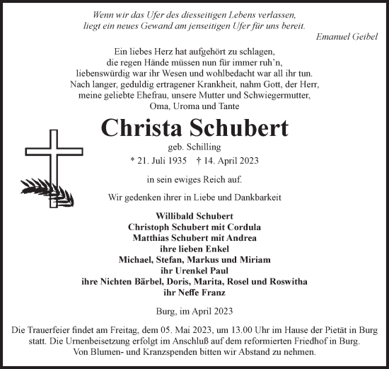 Traueranzeige von Christa Schubert von Volksstimme Burg/Genthin