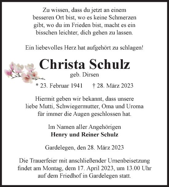 Traueranzeige von Christa Schulz von Volksstimme Altmark West