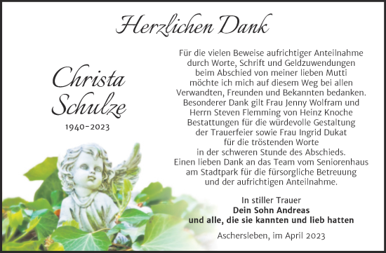 Traueranzeige von Christa Schulze von Trauerkombi Bernburg
