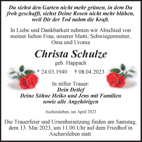 Traueranzeige von Christa Schulze von Trauerkombi Aschersleben