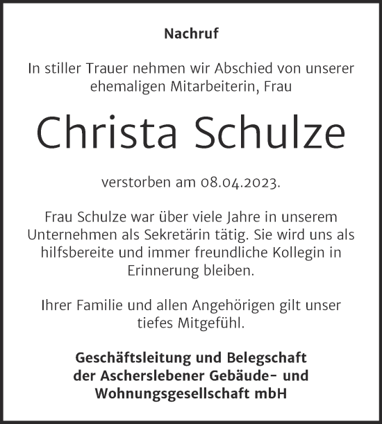 Traueranzeige von Christa Schulze von Super Sonntag Aschersleben