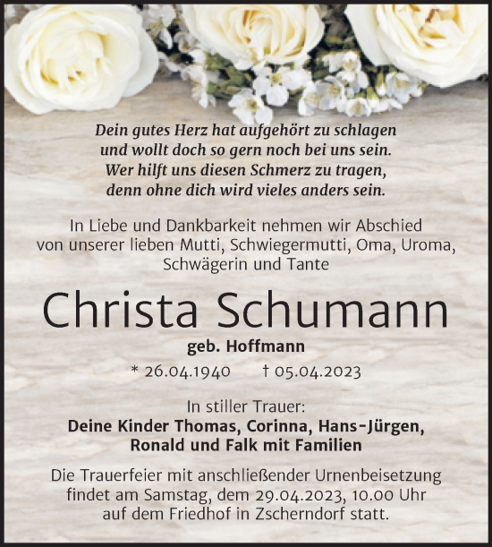 Traueranzeige von Christa Schumann von Trauerkombi Bitterfeld