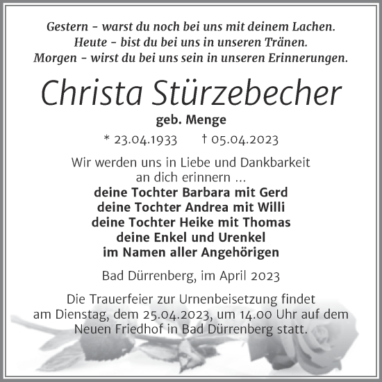 Traueranzeige von Christa Stürzebecher von Trauerkombi Merseburg