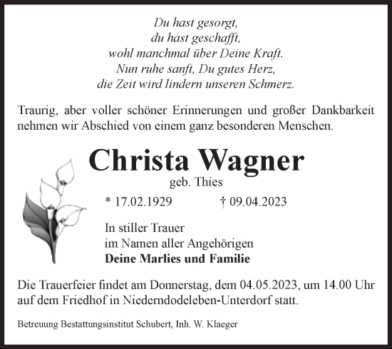 Traueranzeige von Christa Wagner von Volksstimme Haldensleben/Wolmirstedt