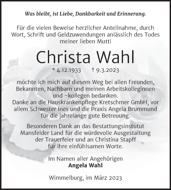 Traueranzeige von Christa Wahl von Trauerkombi Mansfelder Land