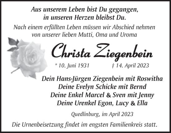 Traueranzeige von Christa Ziegenbein von Trauerkombi Quedlinburg