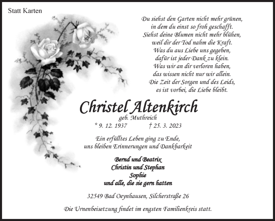 Traueranzeige von Christel Altenkirch von Volksstimme Burg/Genthin