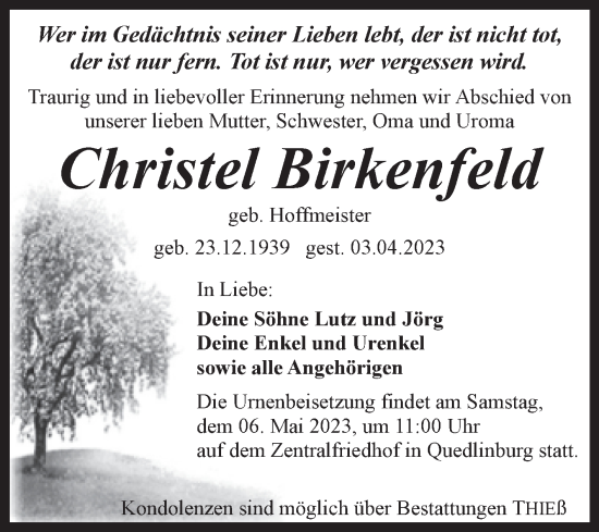Traueranzeige von Christel Birkenfeld von Trauerkombi Quedlinburg