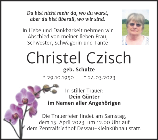 Traueranzeige von Christel Czisch von Trauerkombi Dessau