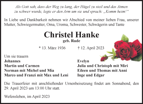 Traueranzeige von Christel Hanke von Volksstimme Oschersleben/Wanzleben